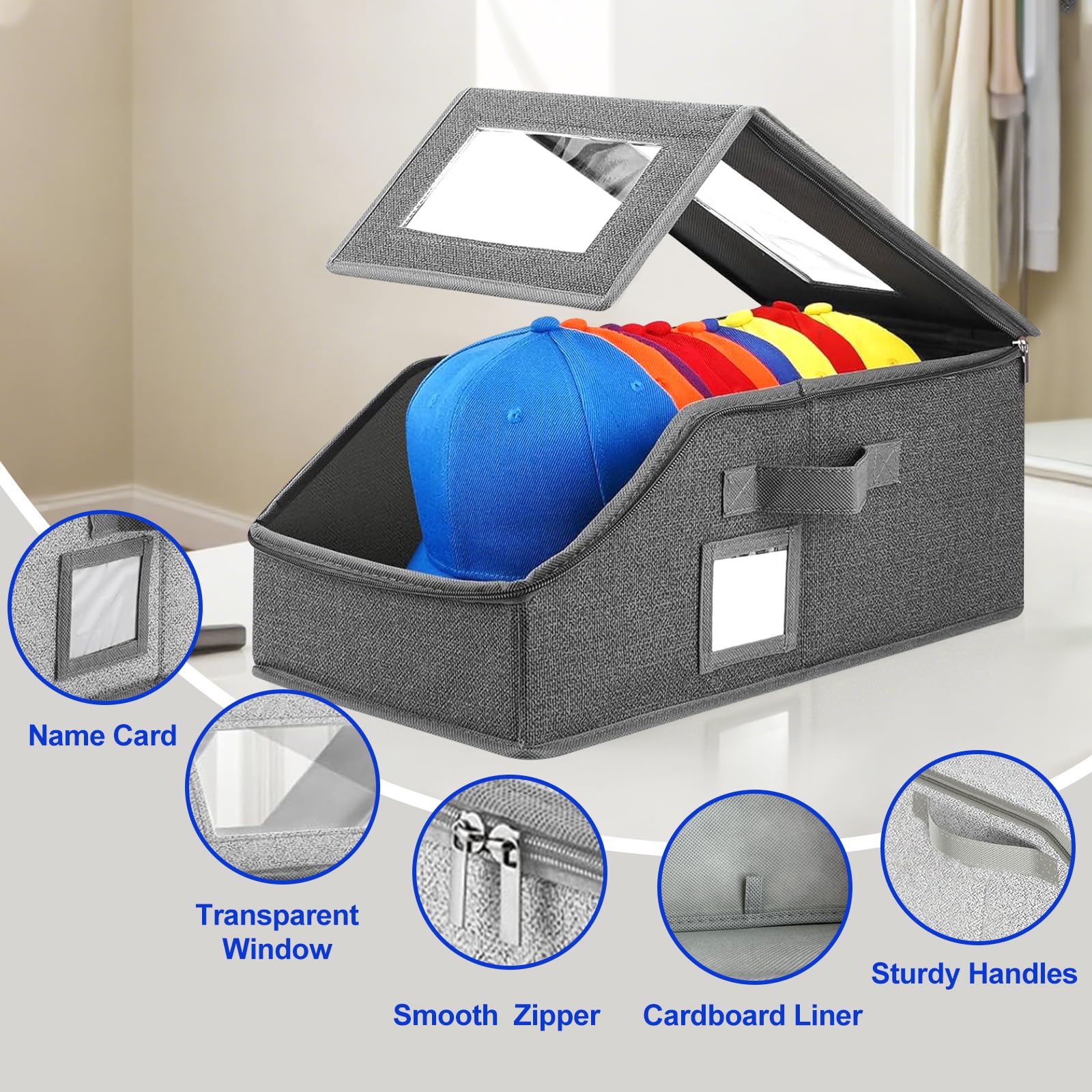WUUOOD baseball cap storage box with clear window helps locate hats quickly.