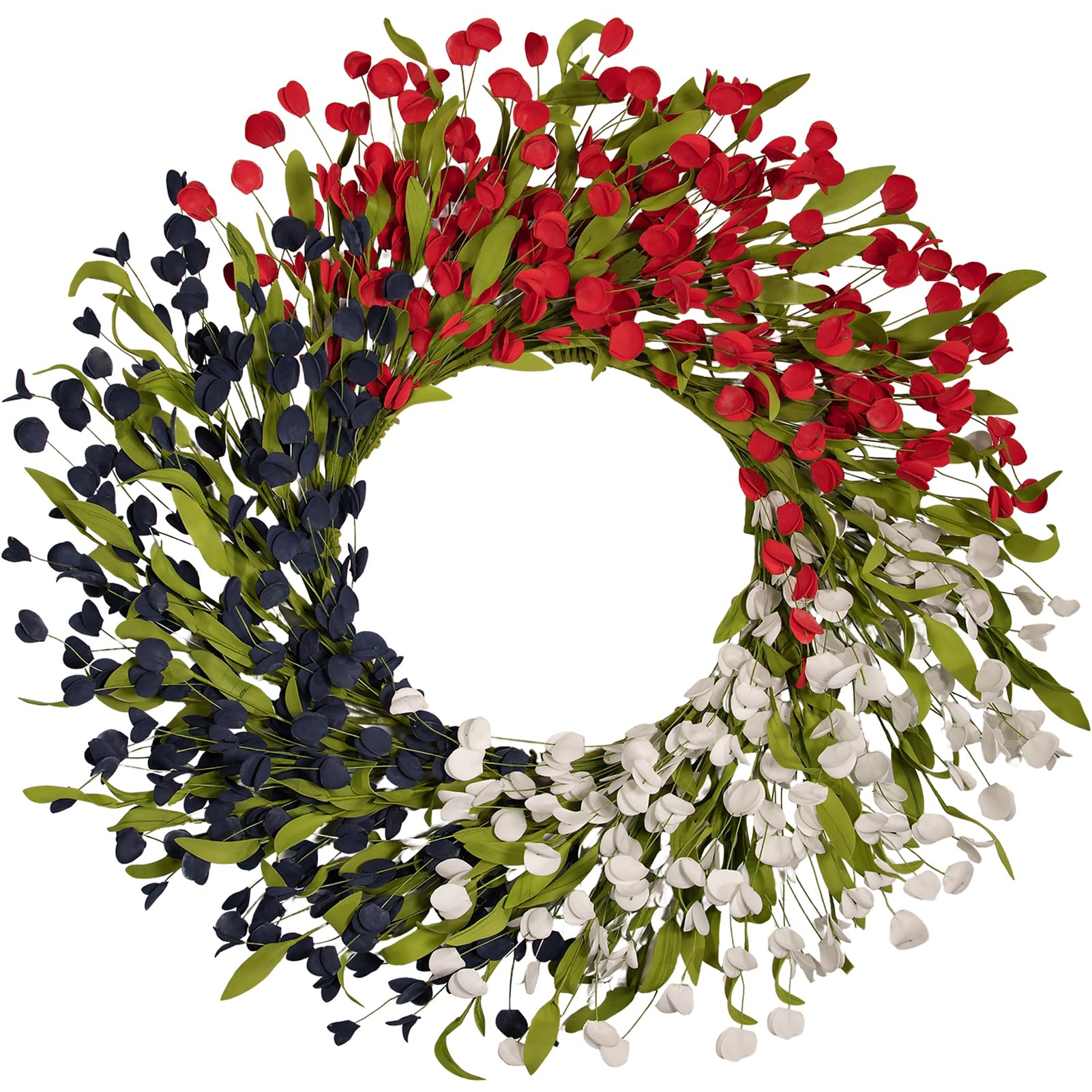 wwmira 24 inch PE flower wreath with red white blue petals for front door appeal.