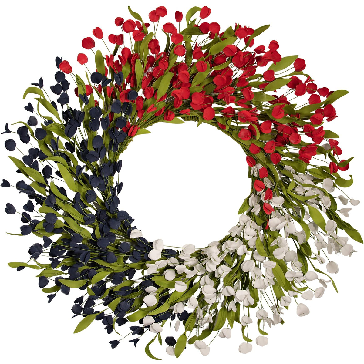 wwmira 24 inch PE flower wreath with red white blue petals for front door appeal.