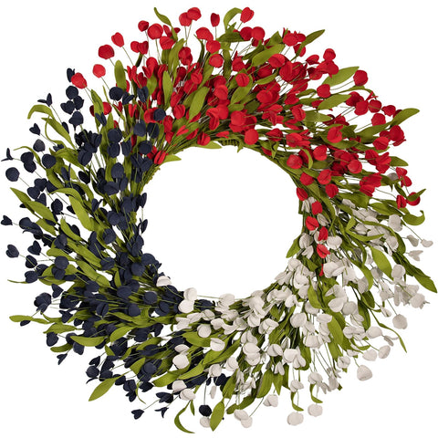 wwmira 24 inch PE flower wreath with red white blue petals for front door appeal.