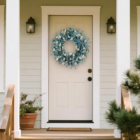 wwmira blue daisy wreath with lavender accents adds seasonal charm to any wall.