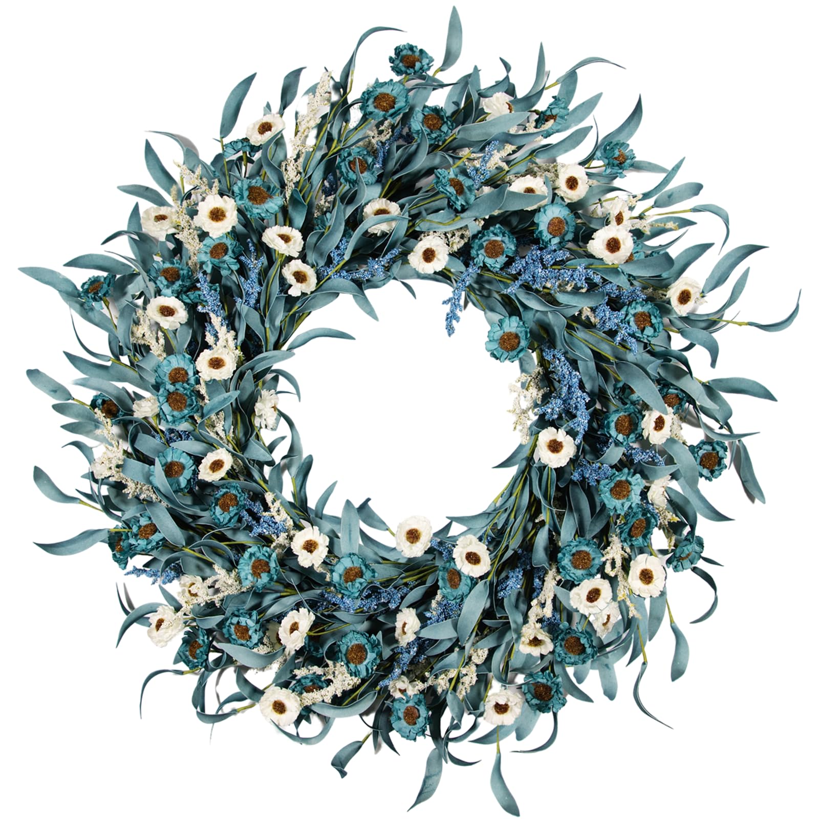 wwmira blue daisy wreath front door display for welcoming guests on a covered porch.