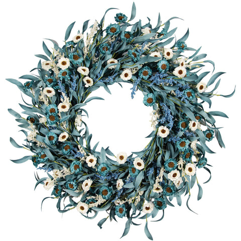 wwmira blue daisy wreath front door display for welcoming guests on a covered porch.
