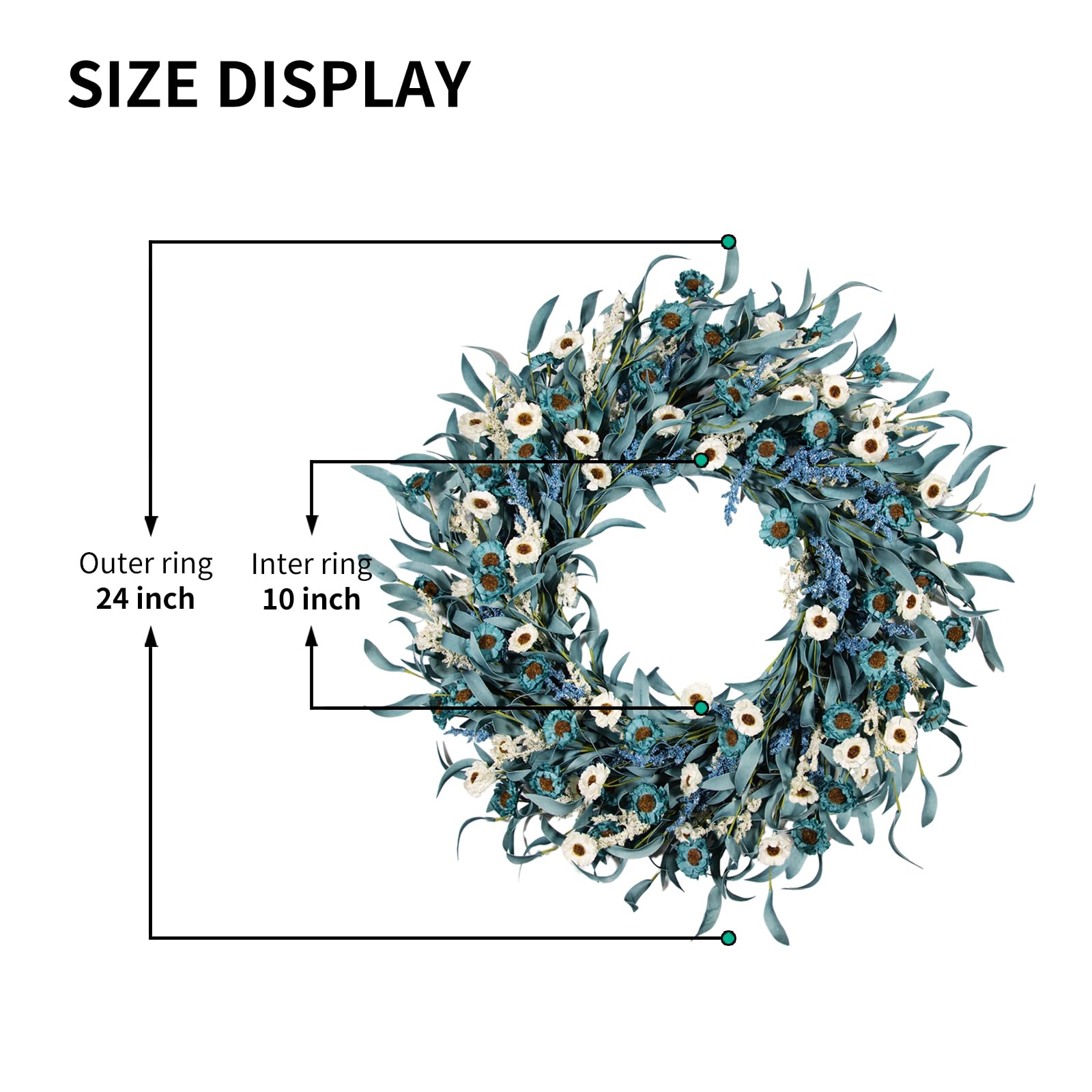 wwmira blue daisy wreath with white blooms brightens porch decor and entryways.