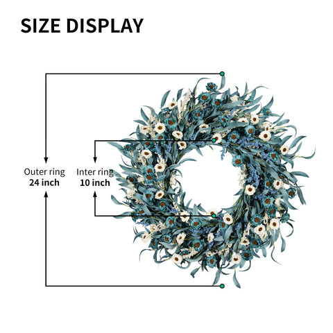 wwmira blue daisy wreath with white blooms brightens porch decor and entryways.