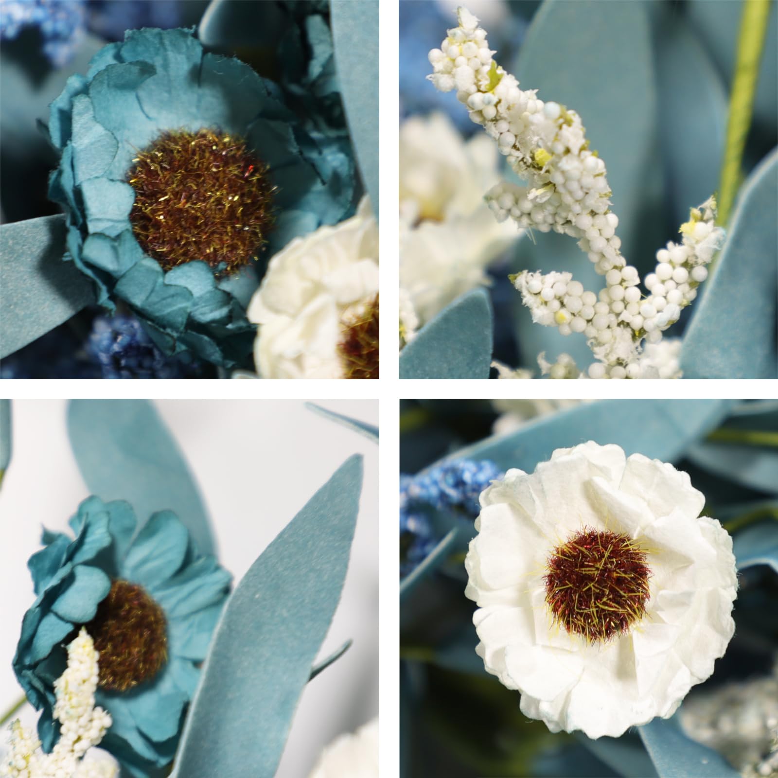 wwmira blue daisy wreath featuring eucalyptus leaves adds rustic texture to exteriors.