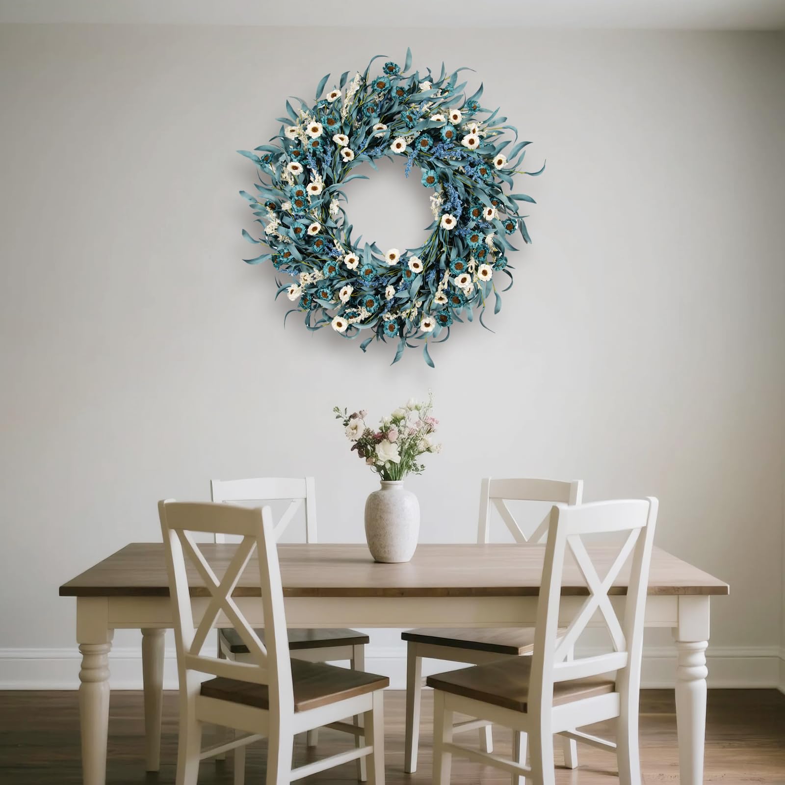 wwmira blue daisy wreath is suitable for covered outdoor spaces.