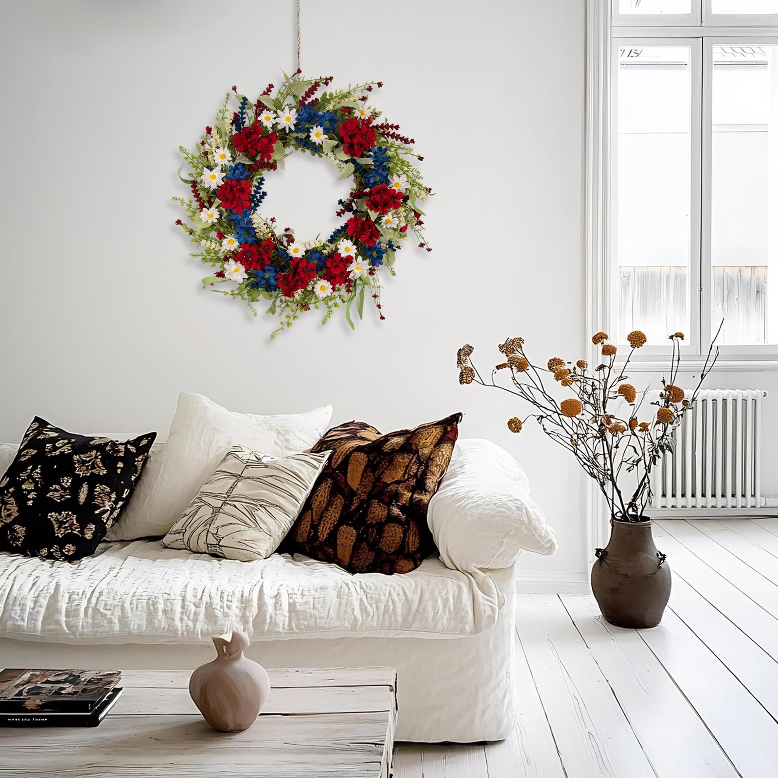 wwmira patriotic wreath 20-inch diameter fits standard doors beautifully.