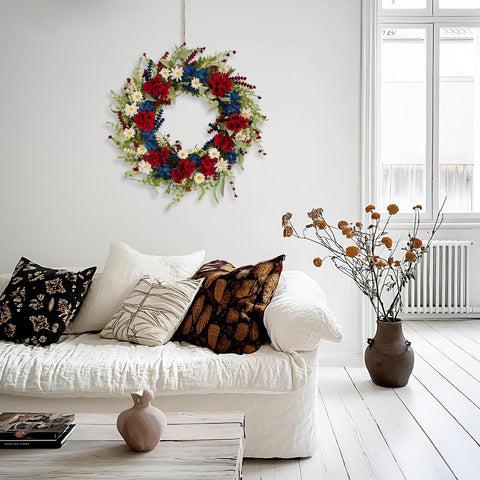 wwmira patriotic wreath 20-inch diameter fits standard doors beautifully.