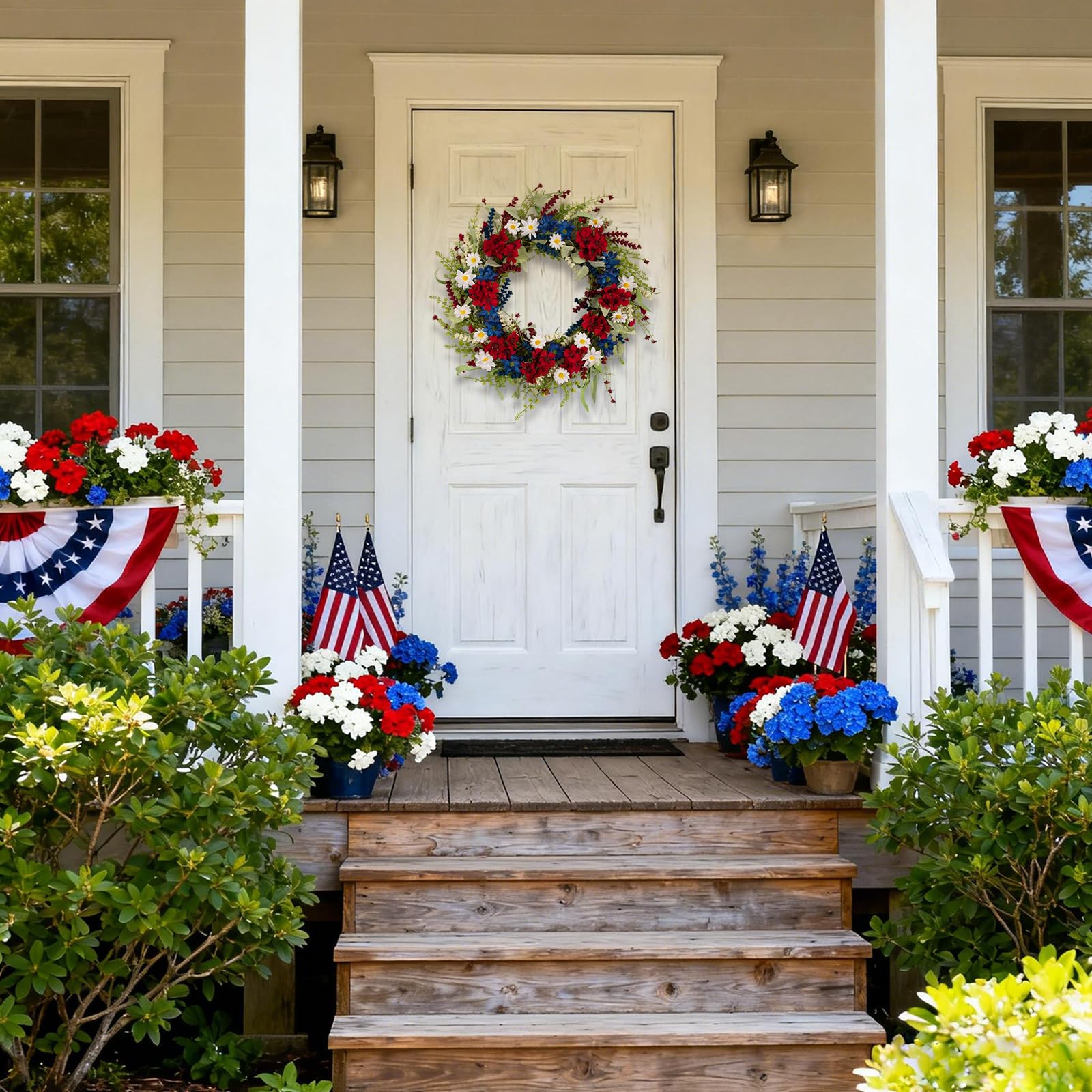 wwmira patriotic wreath blue daisies accent adds visual pop and contrast.
