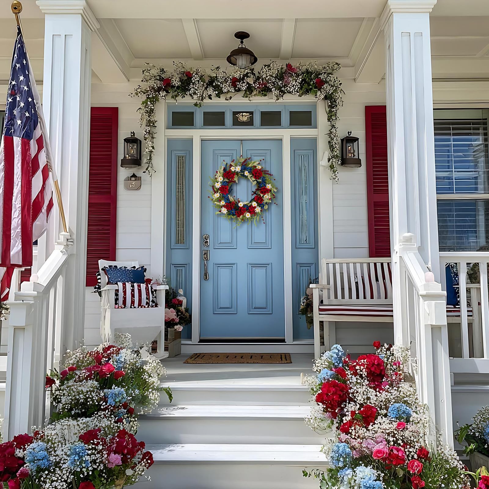 wwmira patriotic wreath eucalyptus sprigs close-up highlights natural farmhouse appeal.