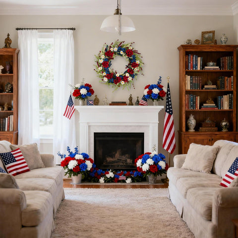 wwmira patriotic wreath displayed on porch for outdoor welcome.