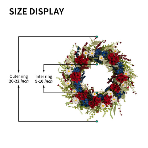 wwmira patriotic wreath close-up of red white blue flowers for seasonal decor.