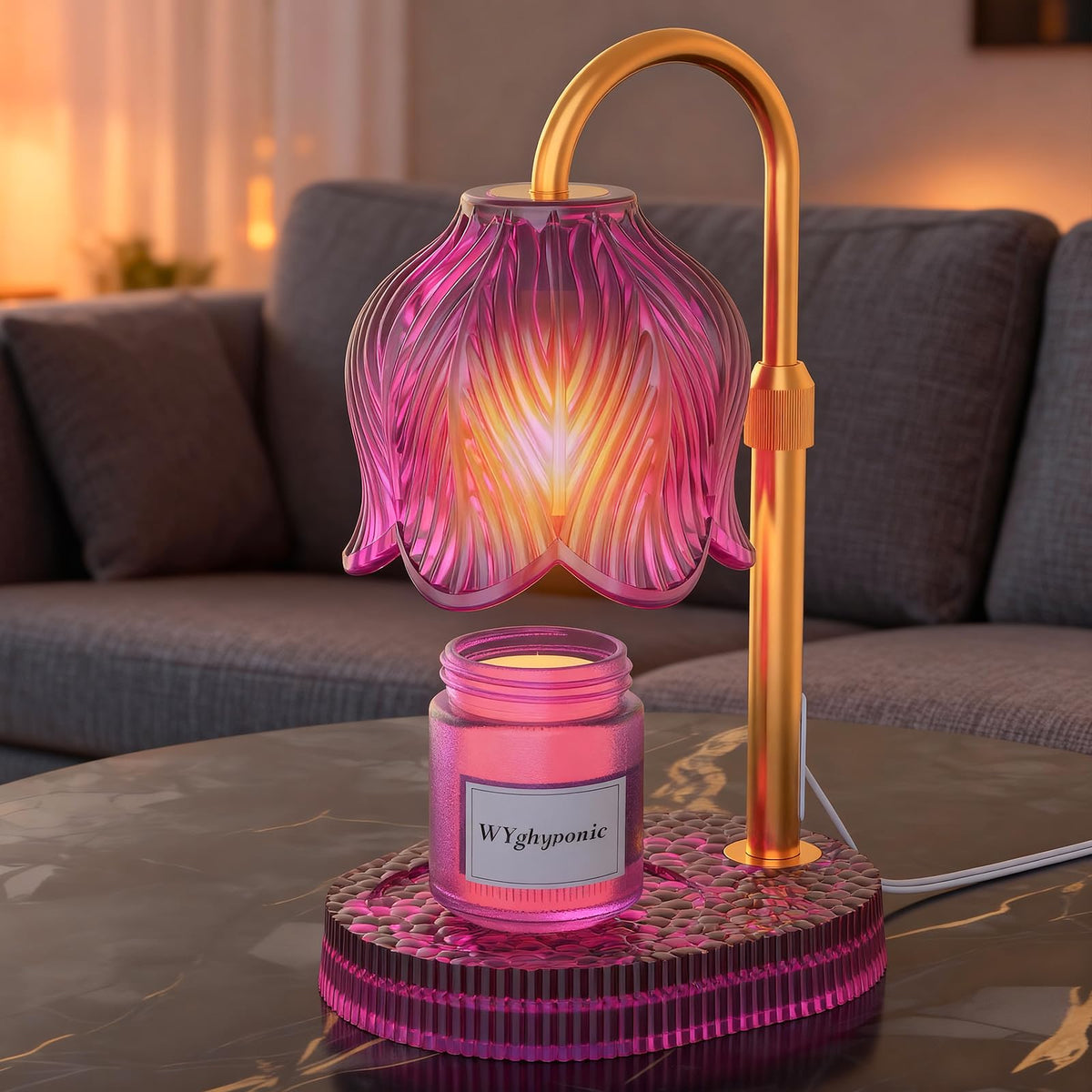 WYghyronic candle warmer lamp with pink glass base for safe, clean fragrance diffusion.