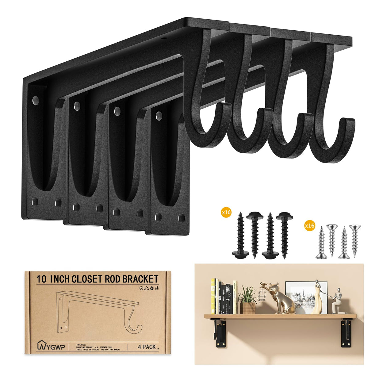 WYGWP closet bracket assembly showing sturdy black finish and full support.
