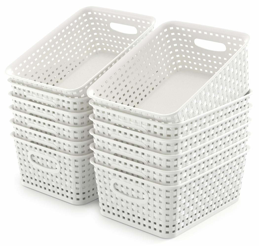 WYT 12-pack plastic storage baskets with woven look for clutter-free shelves.