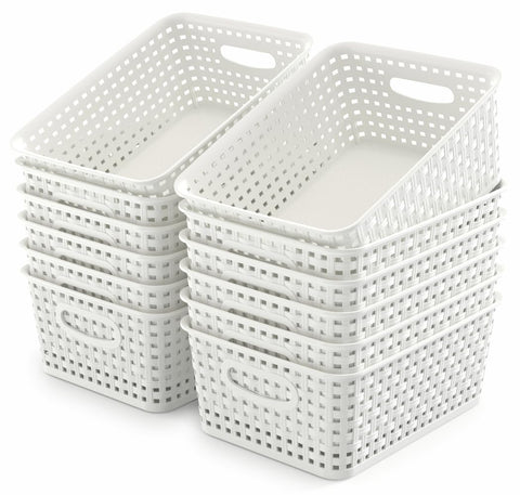 WYT 12-pack plastic storage baskets with woven look for clutter-free shelves.