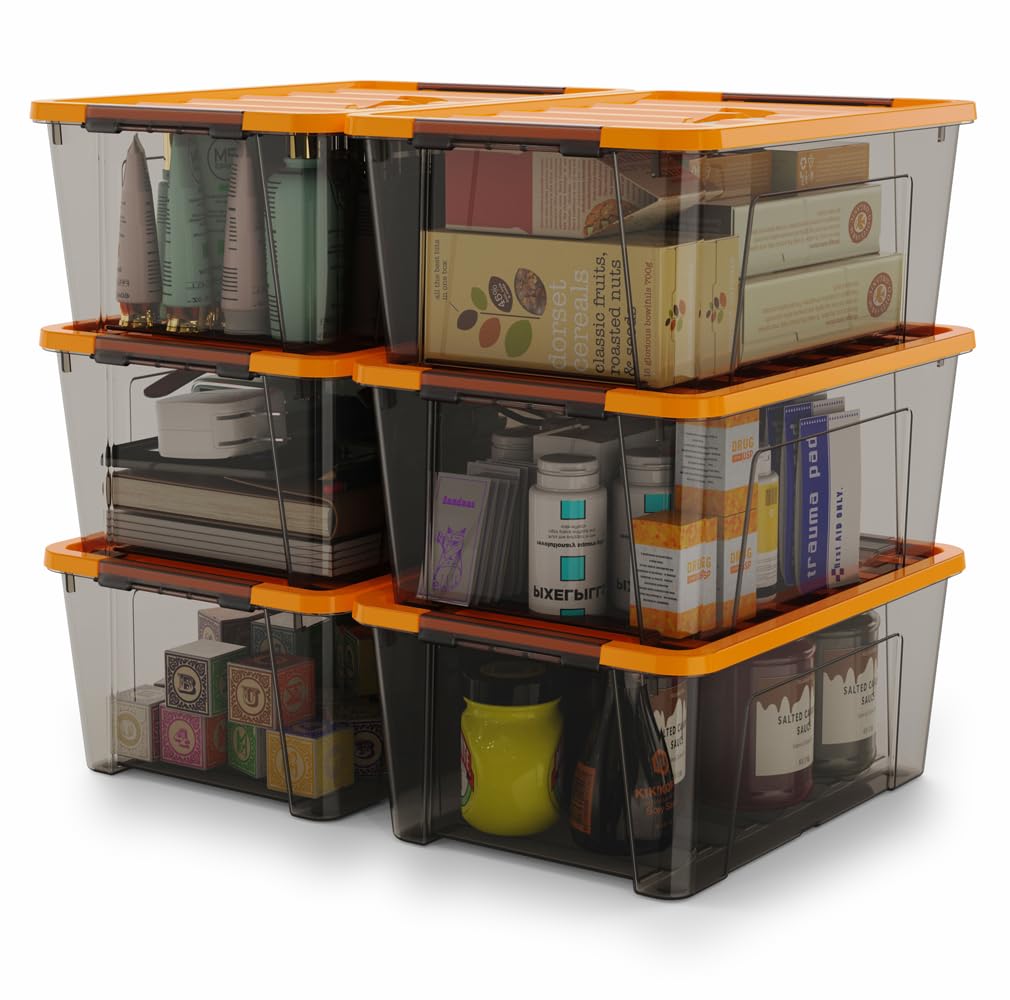 WYT 5-quart storage bin with orange secure lid for space-saving organization.