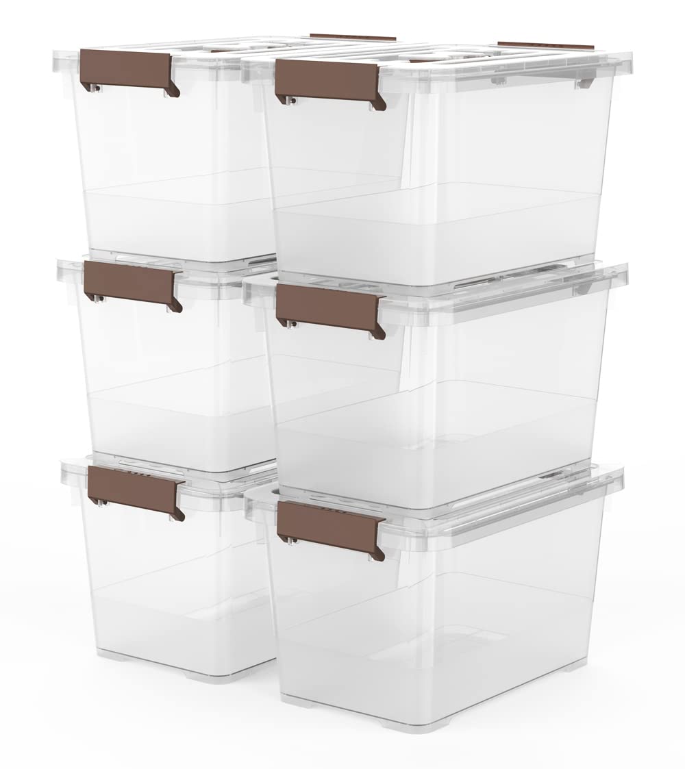 WYT 6-pack clear 7-quart latch box with brown handle for easy closet organization