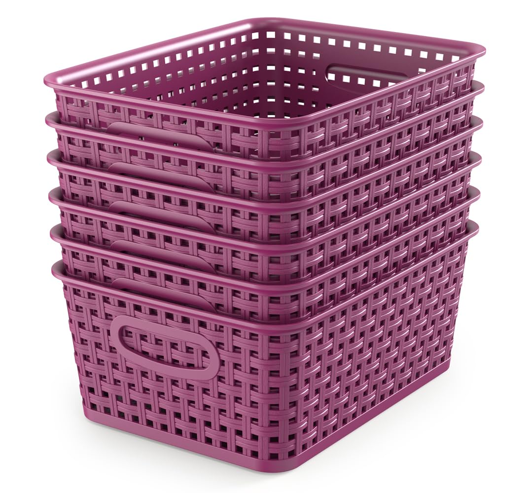 WYT 6-pack plastic small weave baskets in deep purple for organized shelves.