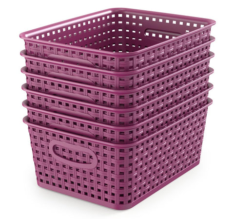 WYT 6-pack plastic small weave baskets in deep purple for organized shelves.