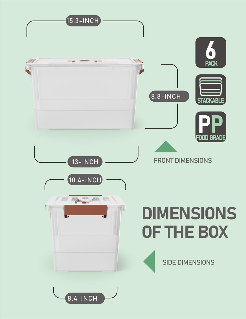WYT clear storage bin with brown handles and latches for easy transport