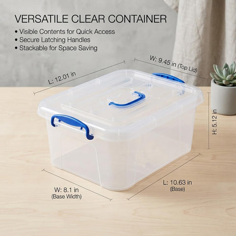 Closeup of WYT clear latch bin with blue handle for easy access.