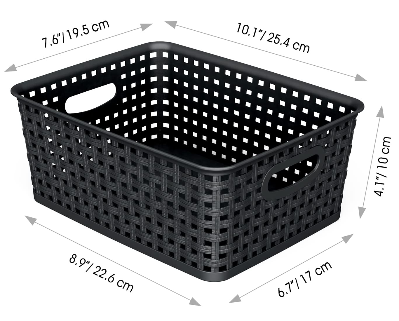 WYT six-pack black baskets stacked for compact, organized kitchen or bathroom storage.