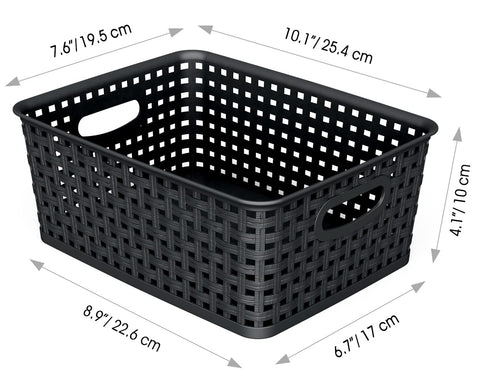 WYT six-pack black baskets stacked for compact, organized kitchen or bathroom storage.
