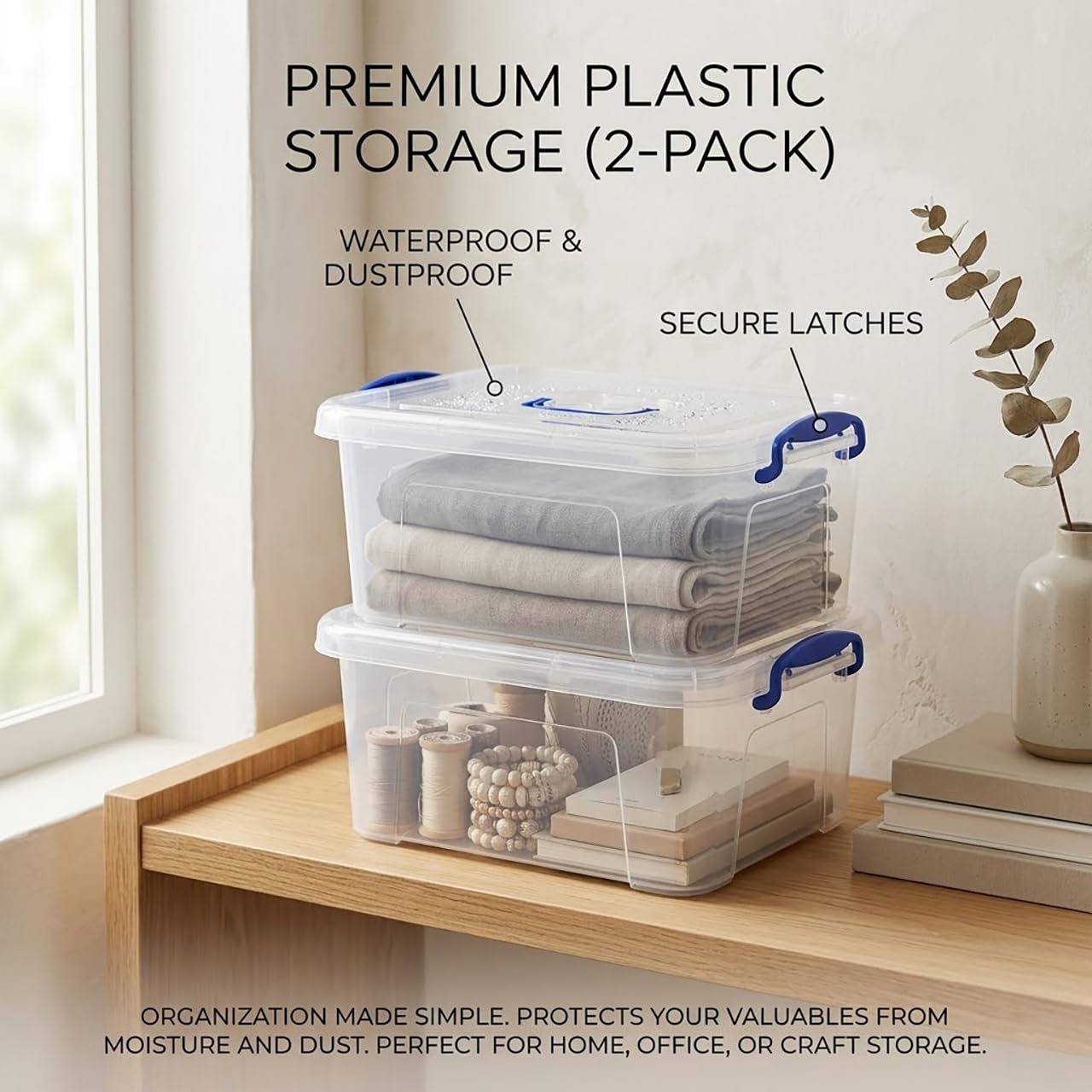 Semi-clear WYT plastic bin with blue latch for simple, understated storage.