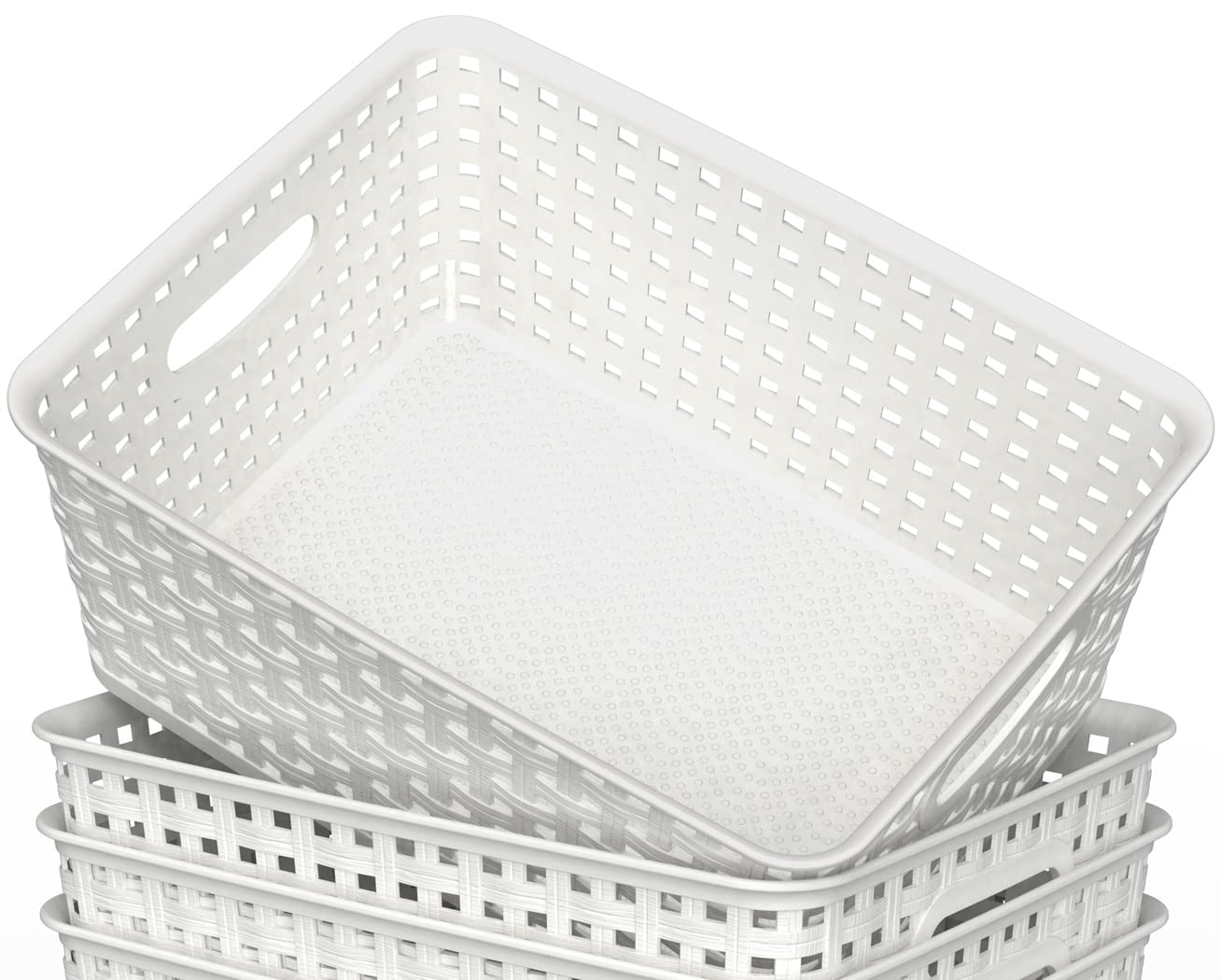 WYT stackable open bin basket with wicker design for flexible space use.