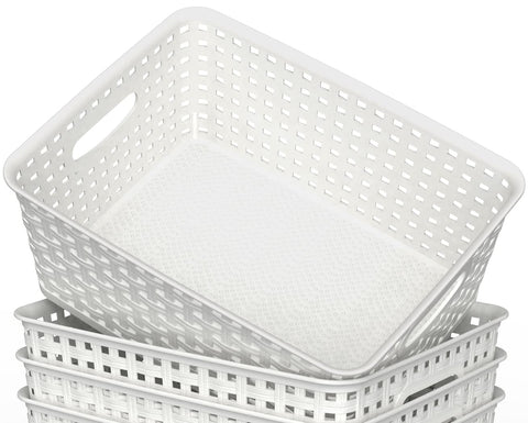 WYT stackable open bin basket with wicker design for flexible space use.