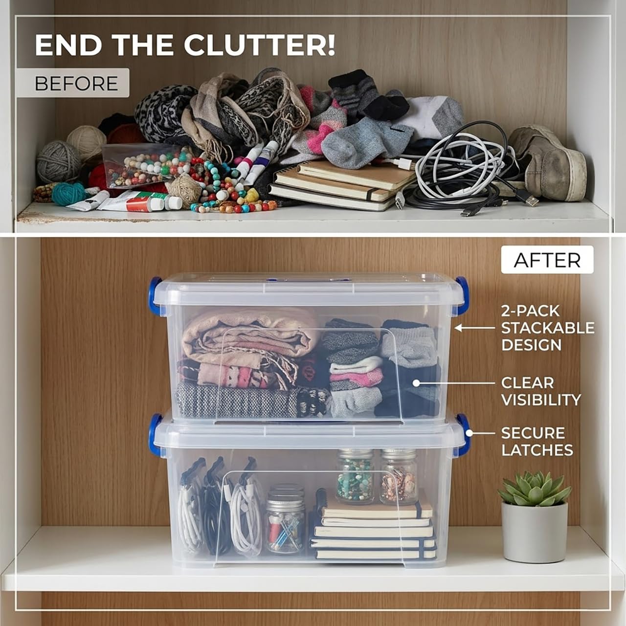 Two-pack stackable storage bins by WYT maximizing vertical space.
