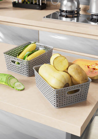 WYT Weave Storage Baskets gray bathroom counter, great for cosmetics and bath essentials