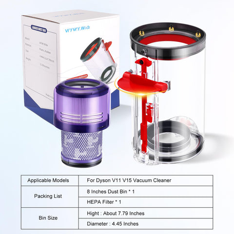 WYWY.Wide packaging includes bin and HEPA filter for quick setup.
