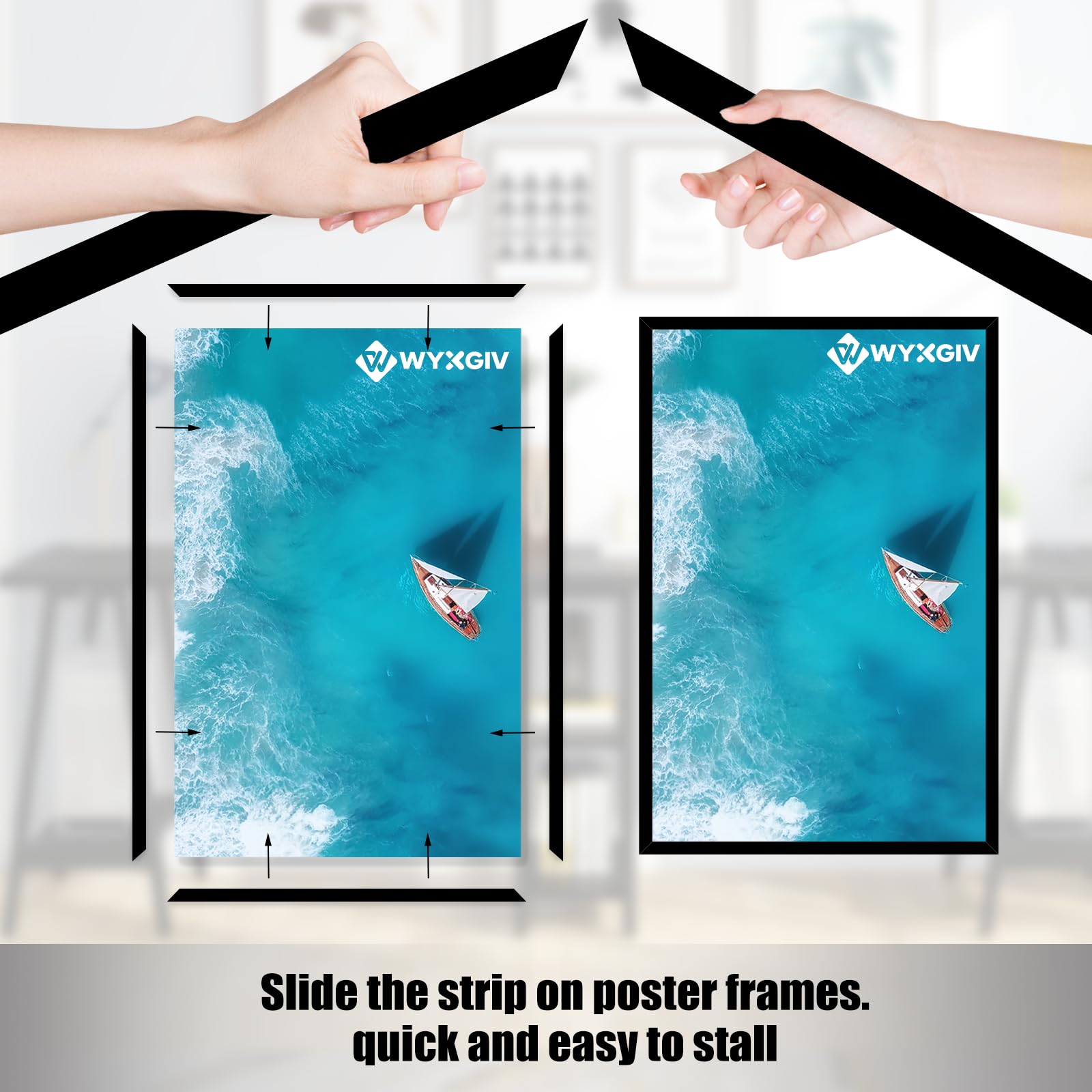 Wyxgiv scratch-proof frame close-up emphasizes secure poster grip.