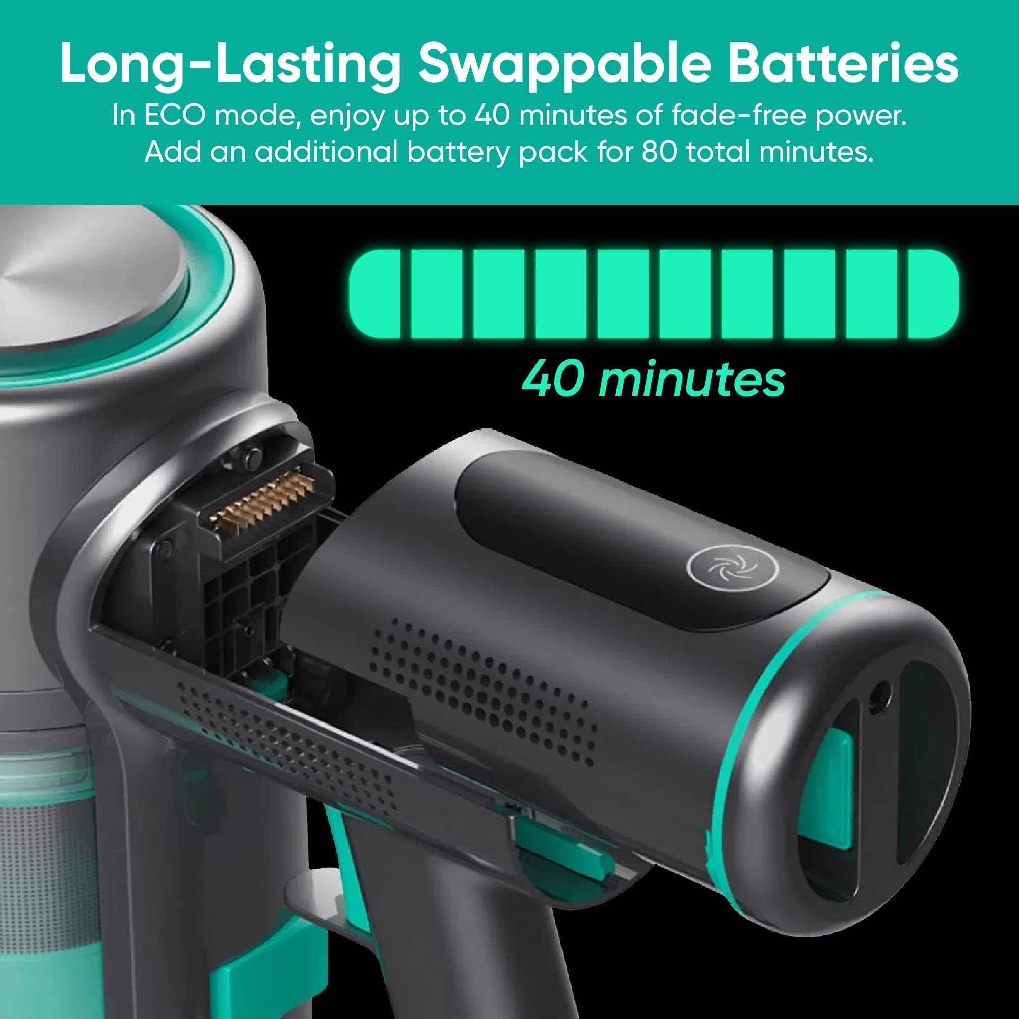 Wyze extended runtime with extra battery packs for larger cleaning sessions.