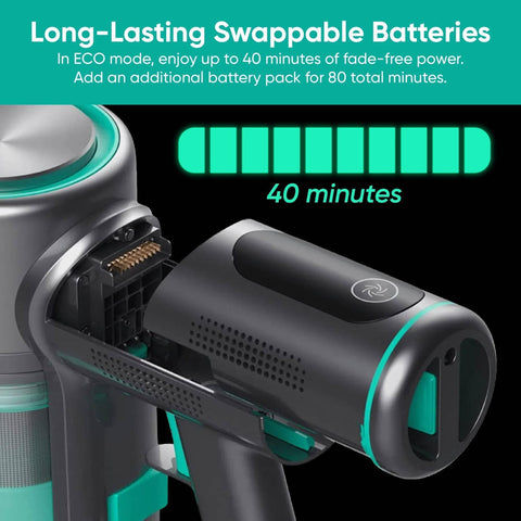 Wyze extended runtime with extra battery packs for larger cleaning sessions.