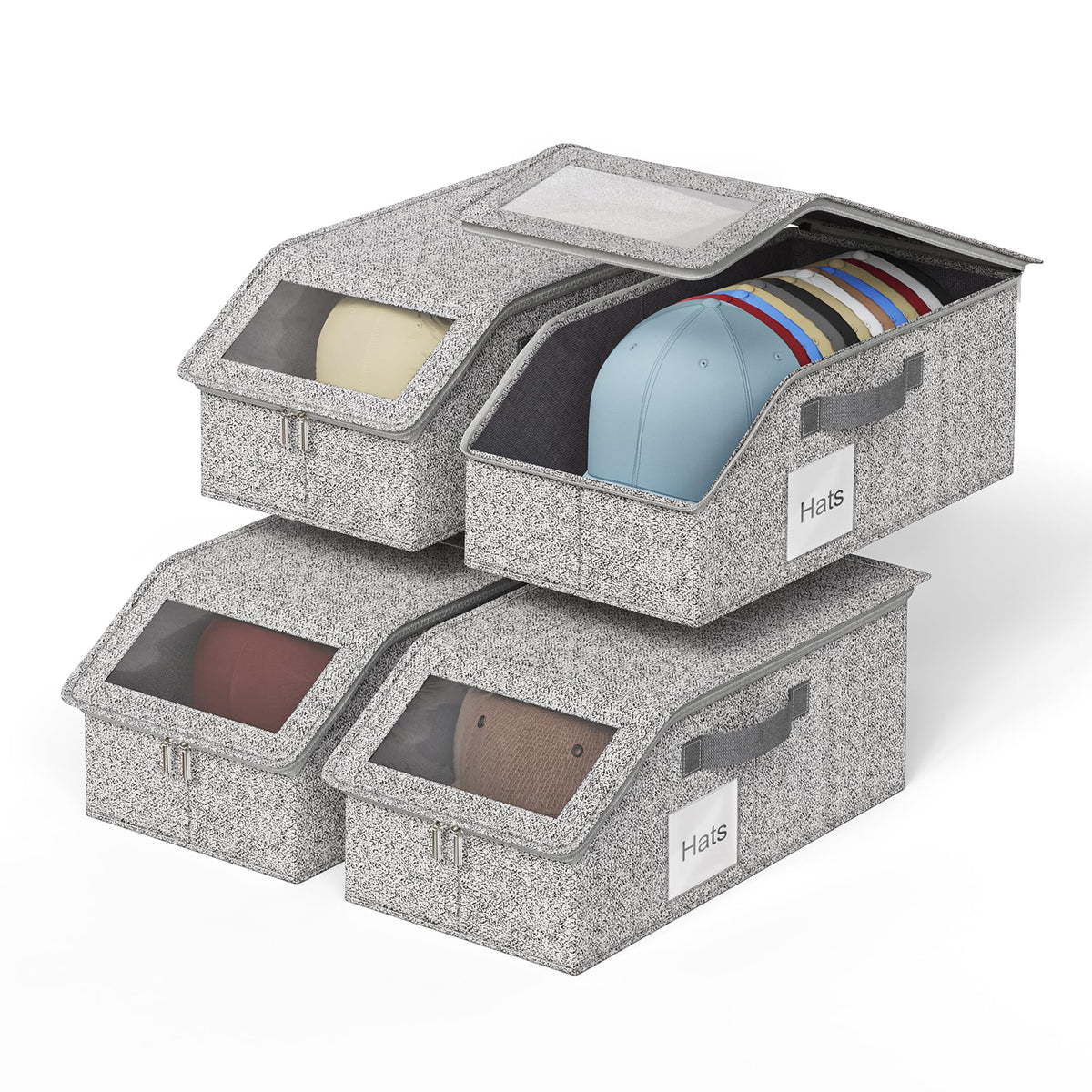 WYZJC hat organizer with four boxes and a visible window for easy hat identification.