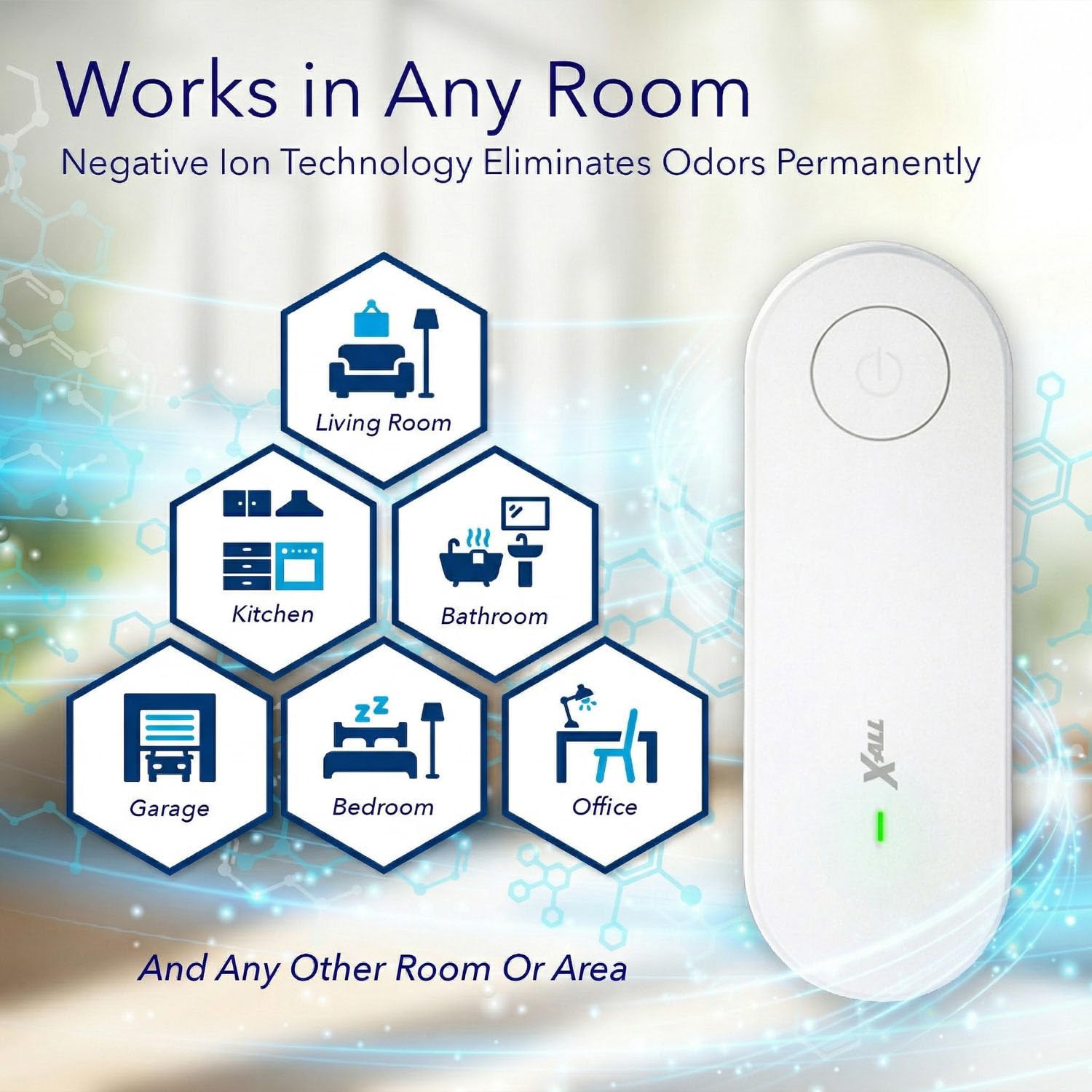X-All Air Ionizer in a kitchen reducing smoke and cooking odors.