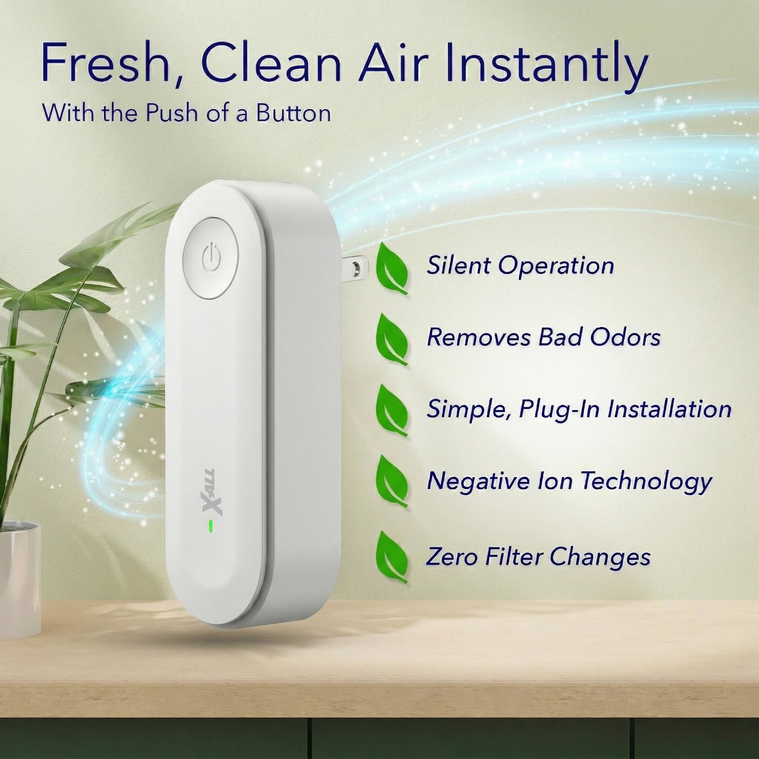 X-All Air Ionizer on an office desk promoting cleaner indoor air.