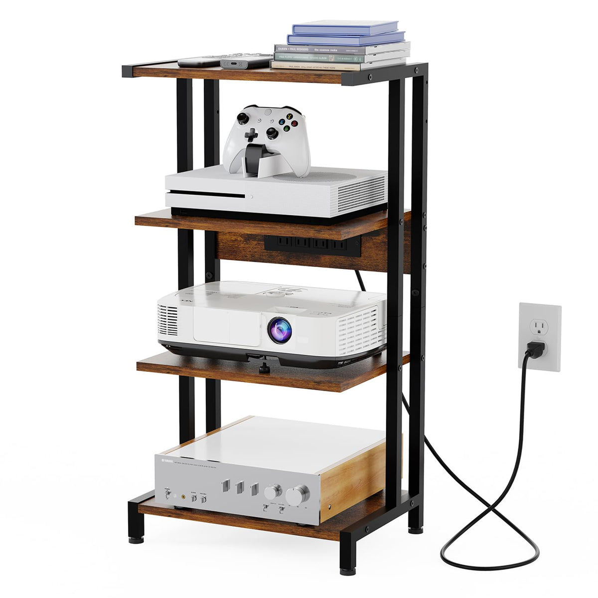 X-cosrack 16.5-inch game console shelf with outlet keeps PS5 and cables organized