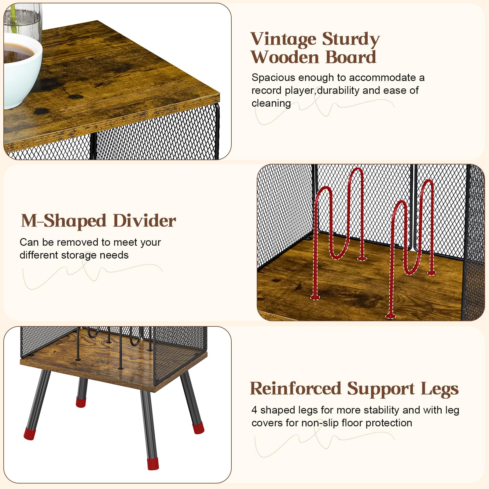 X-cosrack 3-tier record player stand adjustable dividers prevent slips and keep albums neat.