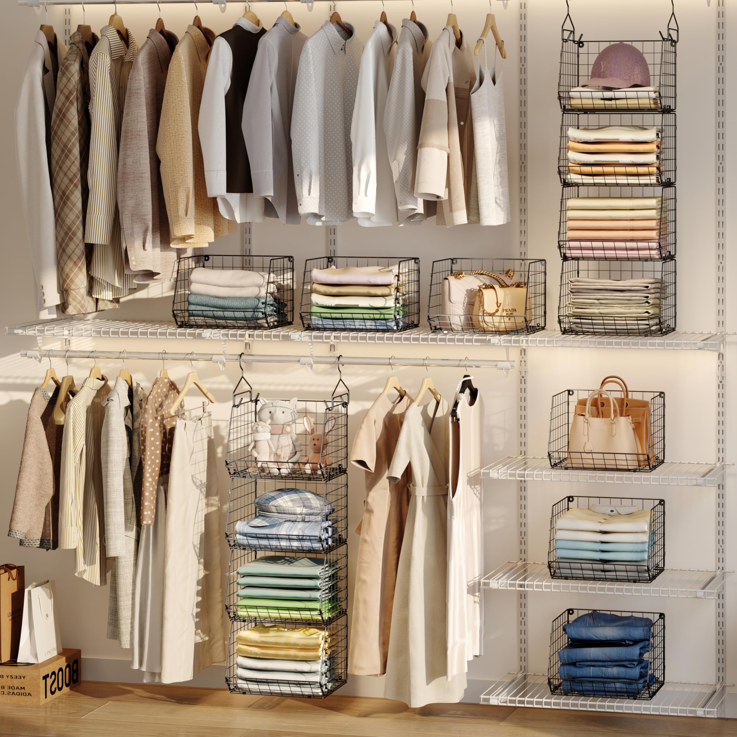 X-cosrack 4 Tier Closet Hanging Organizer side view highlighting portability.