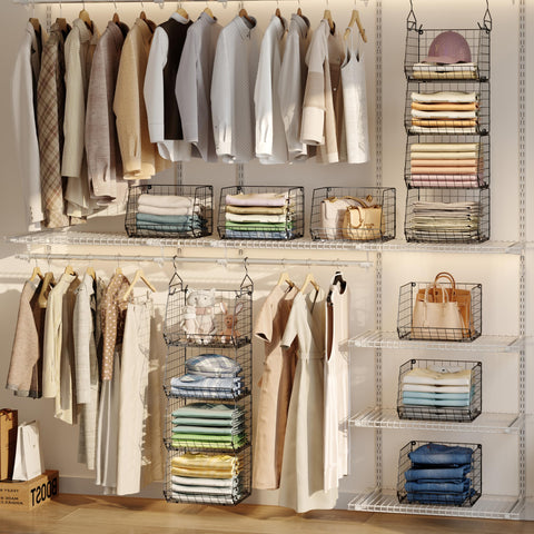 X-cosrack 4 Tier Closet Hanging Organizer side view highlighting portability.