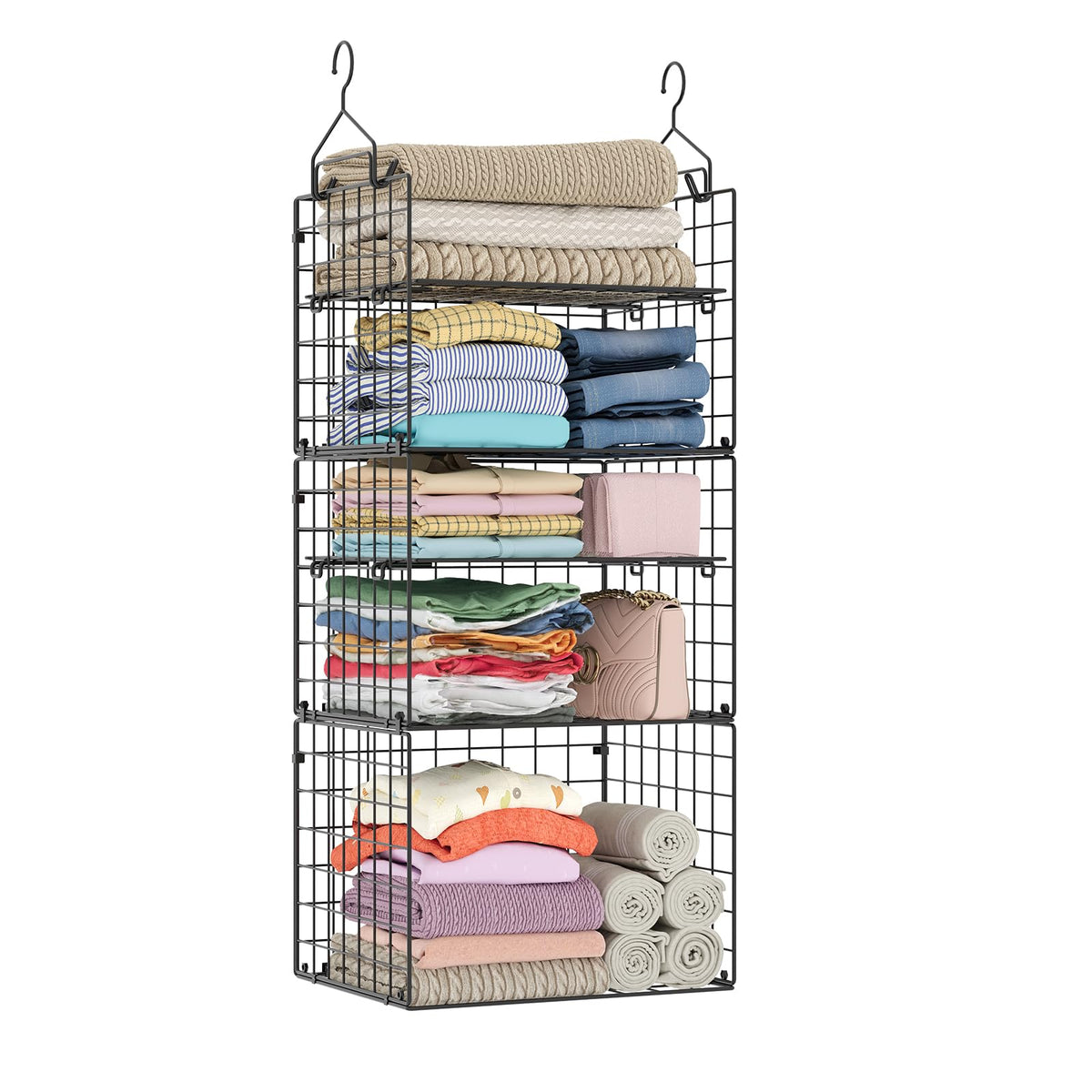 X-cosrack 5-tier wardrobe organizer provides spacious clothing storage.