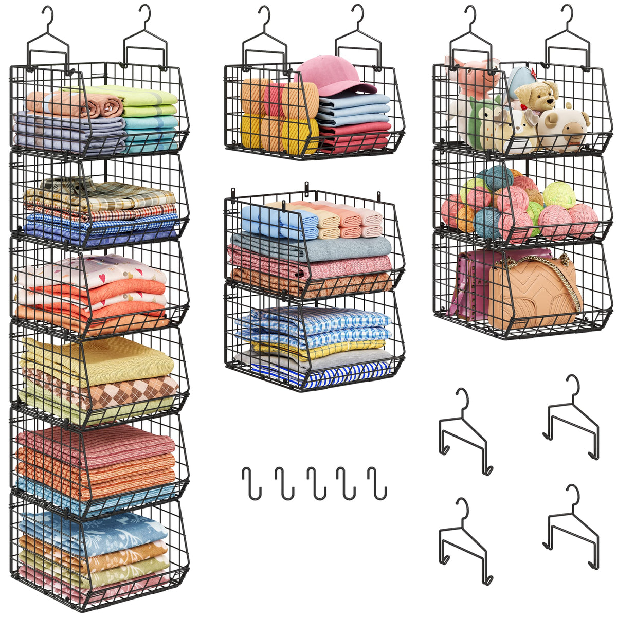 X-cosrack 6-tier baskets hung on a closet rod for extra organized space.