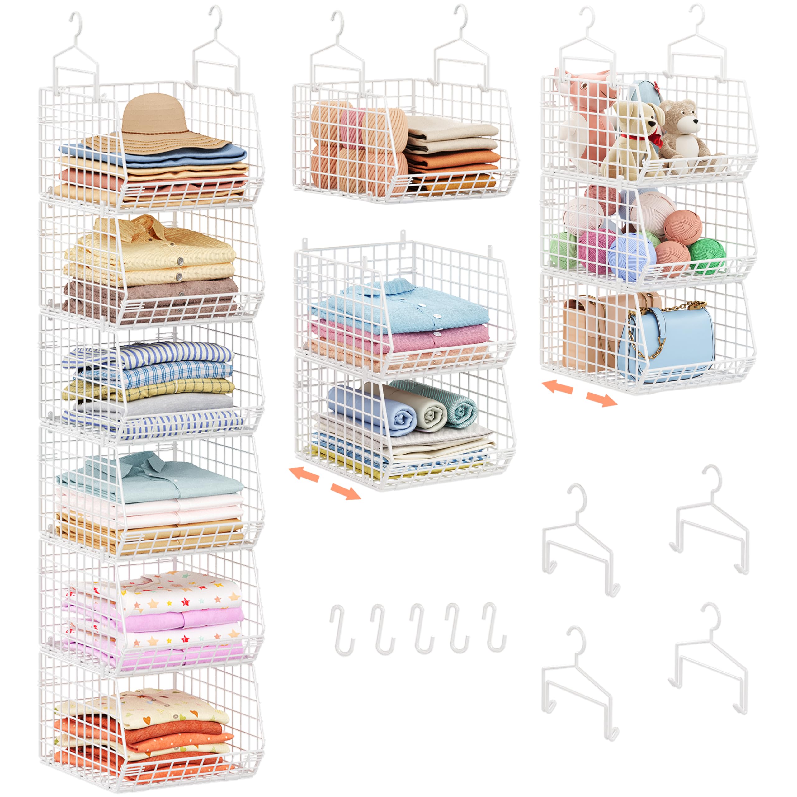 X-cosrack 6-tier extended-depth closet organizer showing multiple baskets in a tidy closet