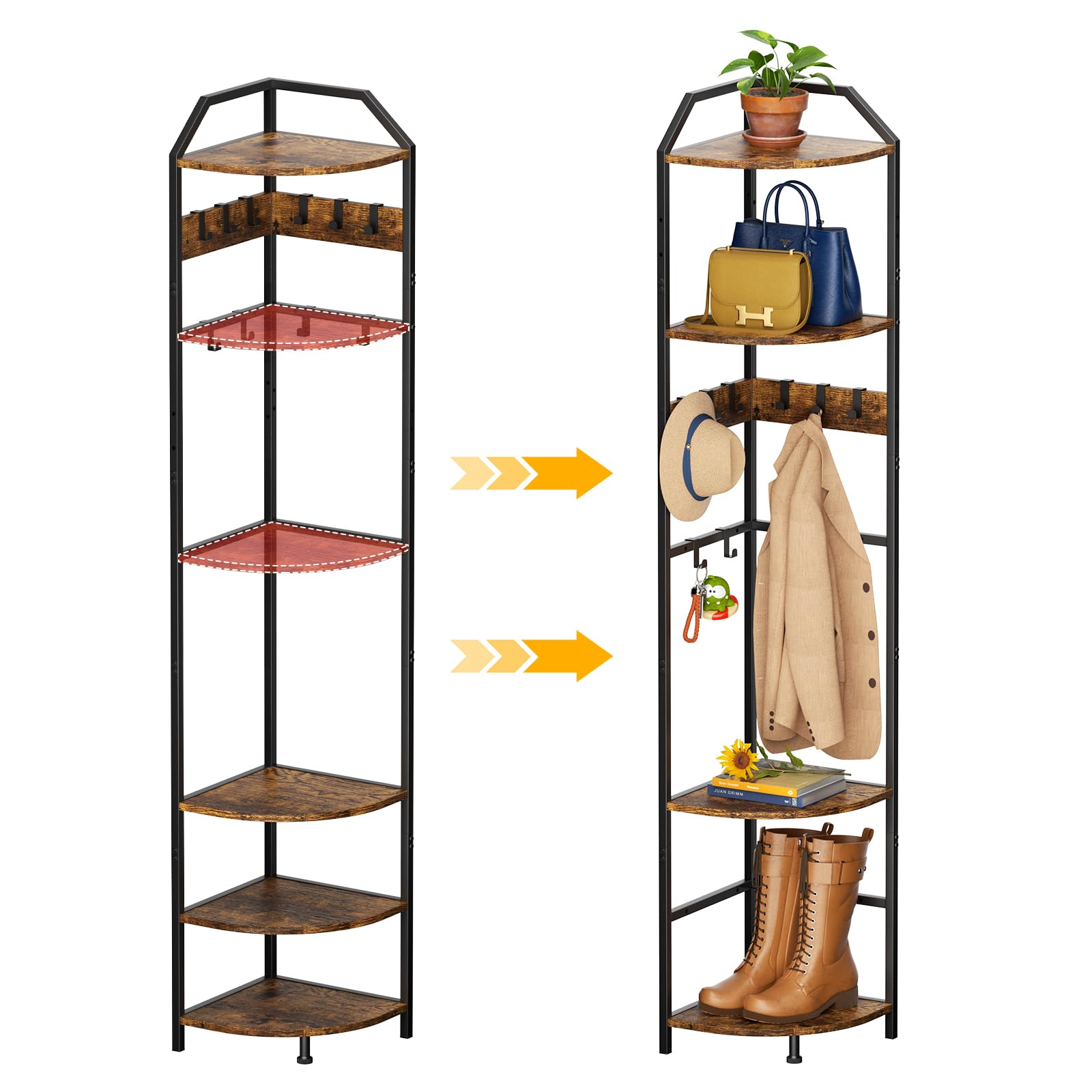 X-cosrack adjustable shelves coat rack adapts to tall boots and everyday items.