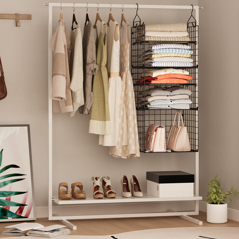 X-cosrack collapsible metal shelves offer portable, stowable storage.